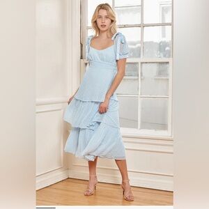 Always Beside Me Light Blue Swiss Dot Tiered Midi Dress